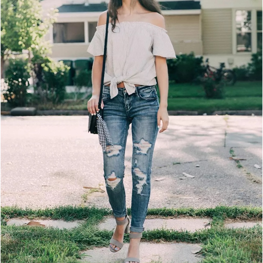 Striped Off-Shoulder Button-Up Top - Picture 9 of 11